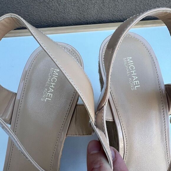 Michael Kors MK Nude Leather Platform Wedge Sandal Heel Size 11 Ankle Strap Pump - Picture 4 of 10